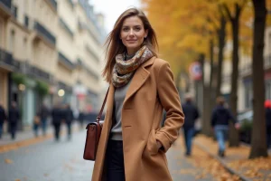 Femme élégante portant un manteau camel, un foulard en soie et un sac en cuir structuré dans une rue pavée parisienne en automne