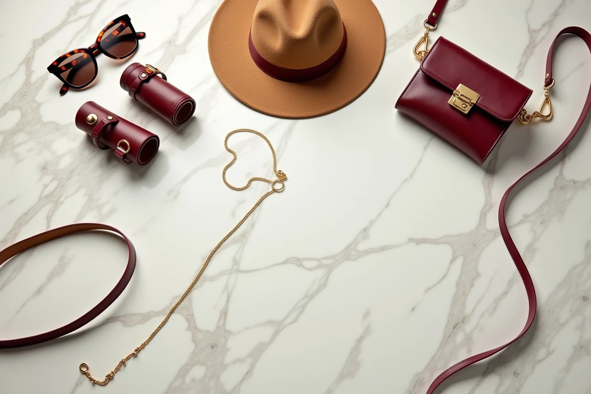 Plat posé d'accessoires de mode automne-hiver sur marbre blanc : chapeau, lunettes écaille, collier doré, ceinture bordeaux et sac bandoulière