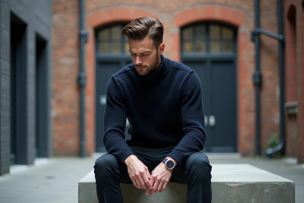 Homme élégant en pull col roulé, montre minimaliste et bottines Chelsea assis dans une cour urbaine aux murs en briques industriels