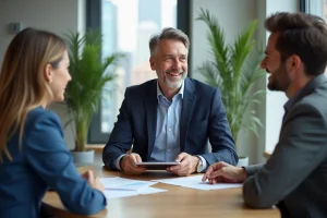 Agent immobilier en discussion avec un couple dans un bureau moderne