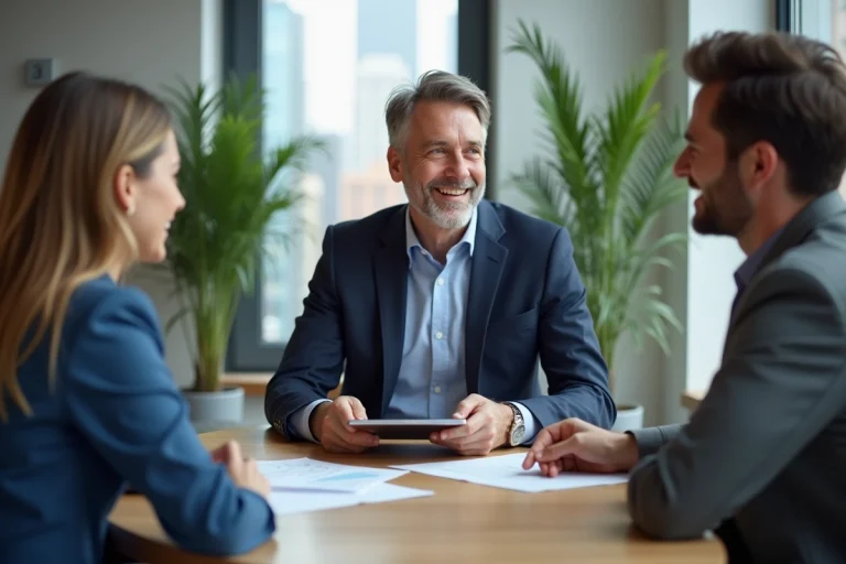 Agent immobilier en discussion avec un couple dans un bureau moderne