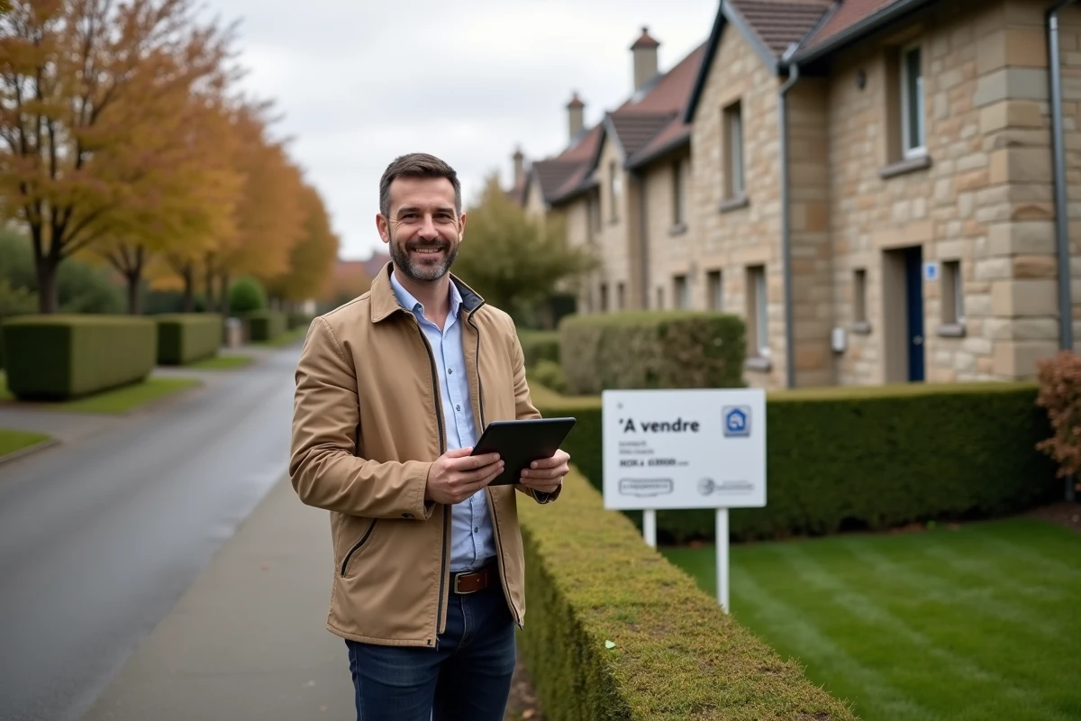Agent immobilier devant une maison à vendre dans un quartier résidentiel français en automne