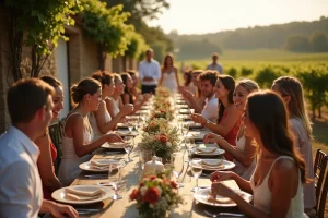 Animation de mariage en plein air dans un vignoble provençal avec invités dansant autour de tables décorées de fleurs sauvages