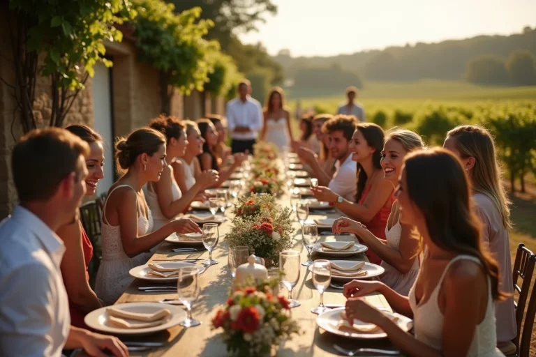 Animation de mariage en plein air dans un vignoble provençal avec invités dansant autour de tables décorées de fleurs sauvages