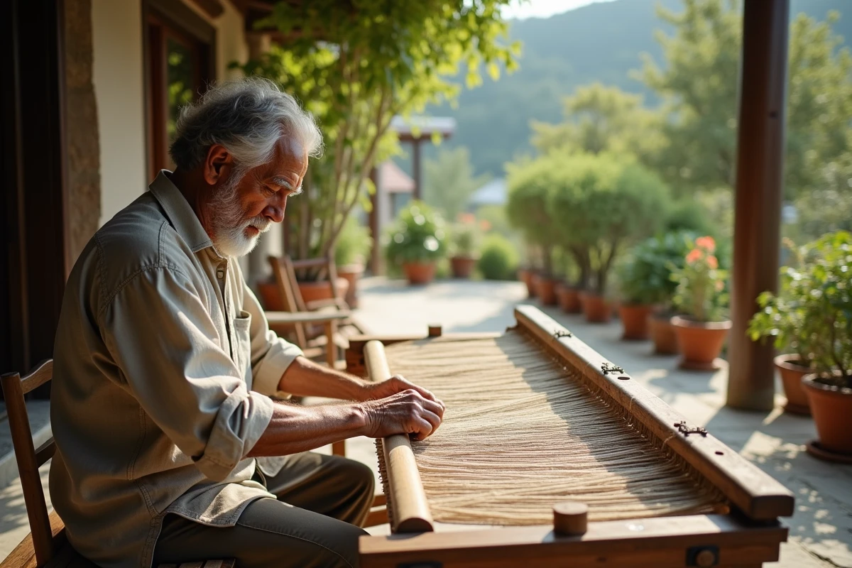 Homme tissant un butiko sur un métier à tisser en extérieur