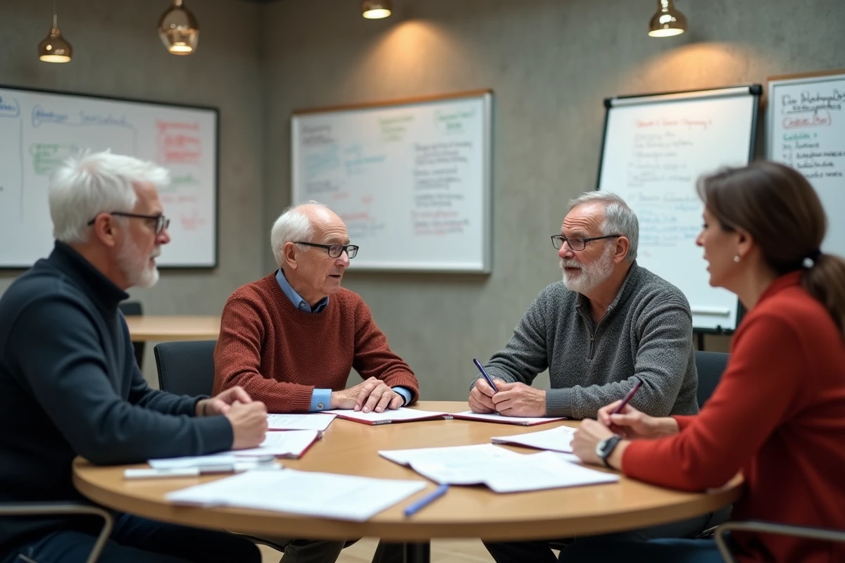 Groupe de professionnels expérimentés participant à un atelier de networking et de développement de carrière organisé par RH Seniors