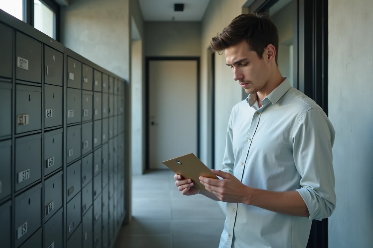 Jeune homme tenant une enveloppe officielle devant une rangée de boîtes aux lettres dans un immeuble résidentiel, symbolisant la domiciliation administrative