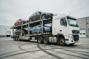 Camion porte-voitures chargé de plusieurs véhicules dans un terminal logistique industriel