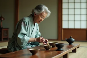 Femme japonaise âgée en kimono pratiquant la cérémonie du thé, illustrant une tradition culturelle transmise entre générations