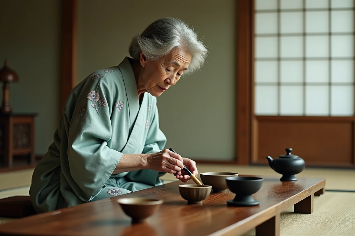 Femme japonaise âgée en kimono pratiquant la cérémonie du thé, illustrant une tradition culturelle transmise entre générations