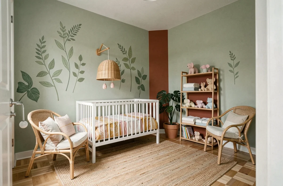 Chambre de bébé colorée et tendance 2024 avec murs vert sauge, literie géométrique pastel et décorations en rotin naturel