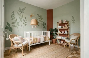 Chambre de bébé colorée et tendance 2024 avec murs vert sauge, literie géométrique pastel et décorations en rotin naturel