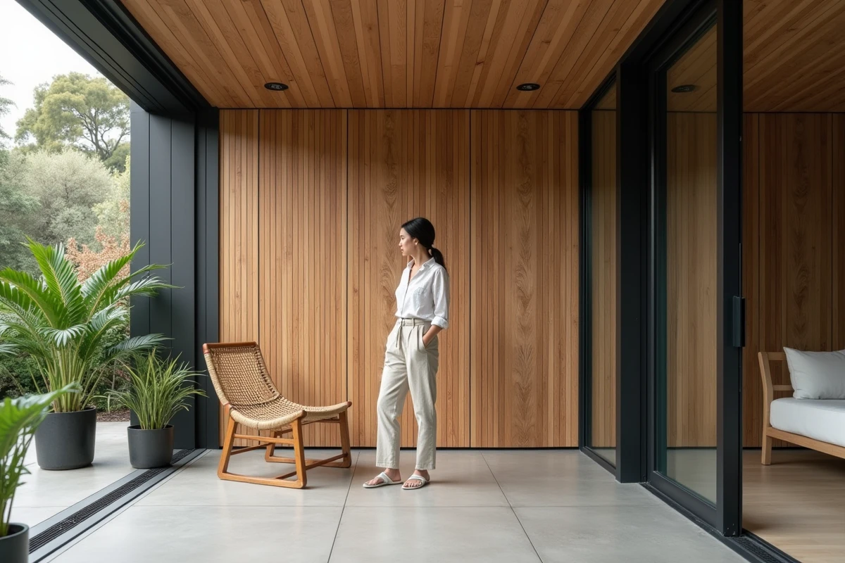 Femme admirant une claie en bois installée dans une véranda moderne en verre, avec mobilier en rotin et plantes tropicales en pot