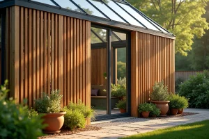 Claies en bois fixées sur la façade d'une serre en verre dans un jardin résidentiel, projetant des ombres géométriques douces sur les panneaux vitrés