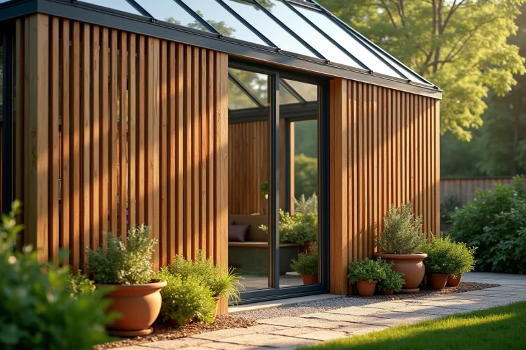 Claies en bois fixées sur la façade d'une serre en verre dans un jardin résidentiel, projetant des ombres géométriques douces sur les panneaux vitrés