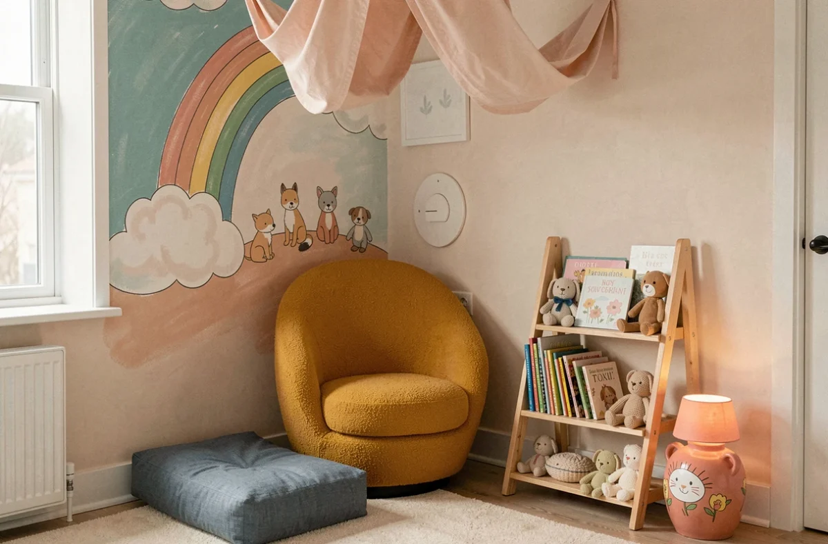 Coin lecture chambre de bébé avec fauteuil bouclé ocre, murale arc-en-ciel peinte à la main et décorations douces tendance 2024
