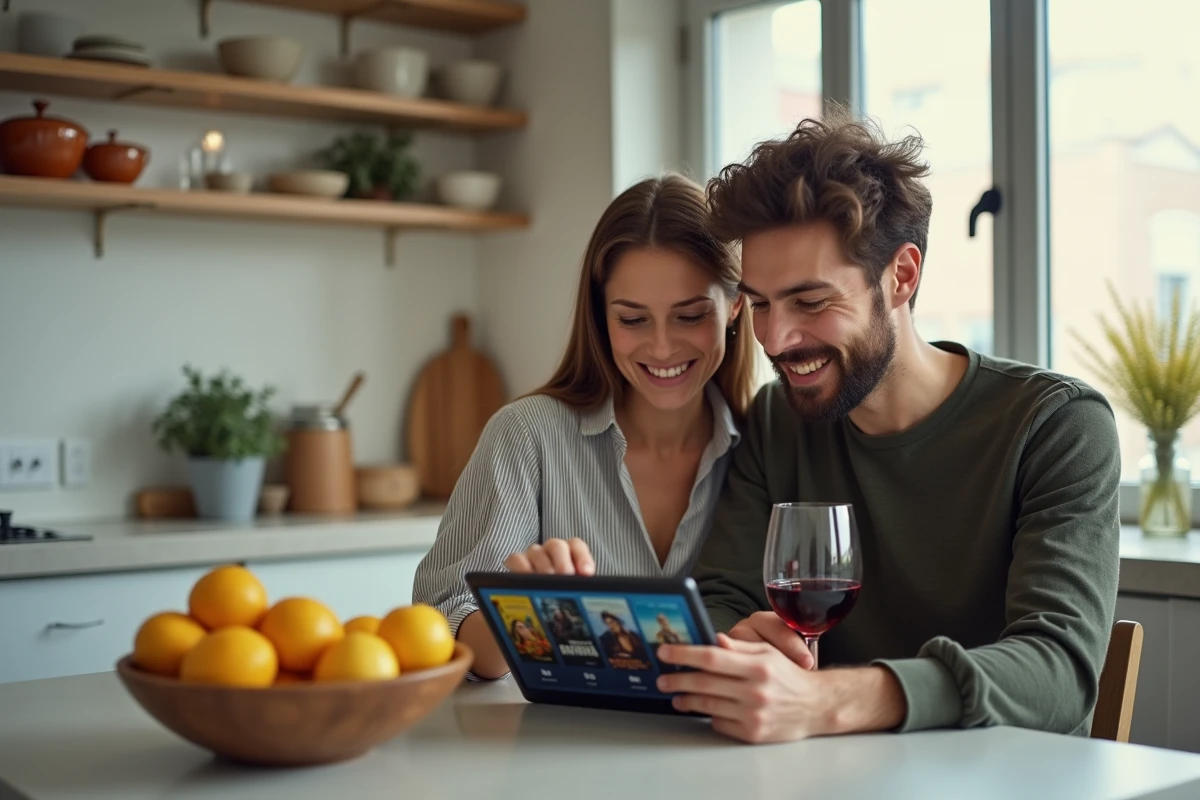Couple choisissant un film sur une plateforme de streaming depuis une tablette dans une cuisine moderne