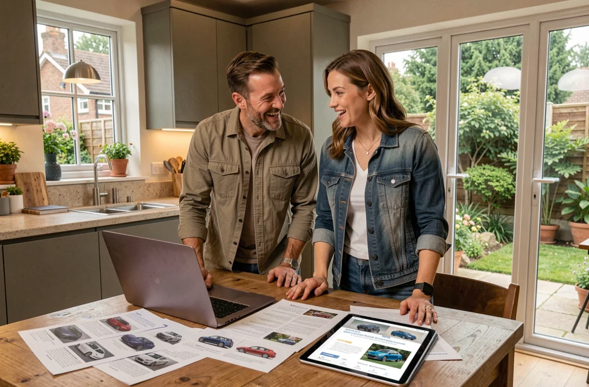 Couple comparant des modèles de voitures en ligne à la maison avant un achat en 2024