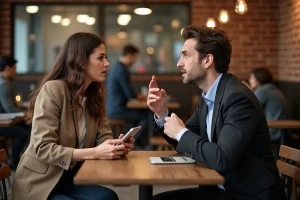 Couple en discussion animée dans un café autour de rumeurs et d'informations sur leur relation