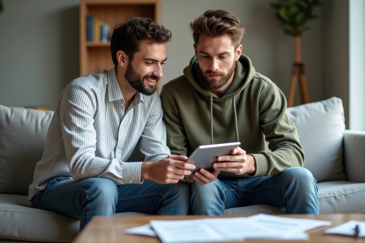 Couple de locataires consultant leur espace Foncia sur tablette dans leur salon