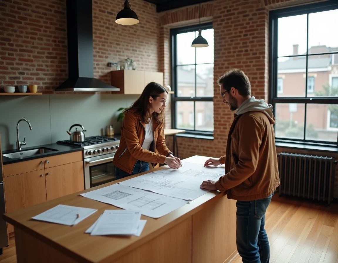 Couple examinant des plans immobiliers dans un appartement rénové au style industriel moderne