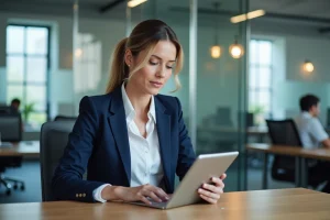 Femme professionnelle consultant des documents dématérialisés sur une tablette dans un bureau moderne