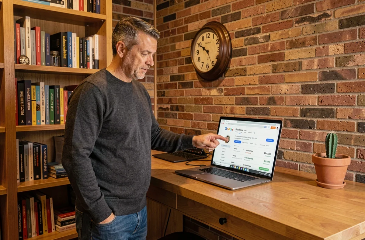 Entrepreneur masculin travaillant sur le référencement de son entreprise depuis son bureau à domicile