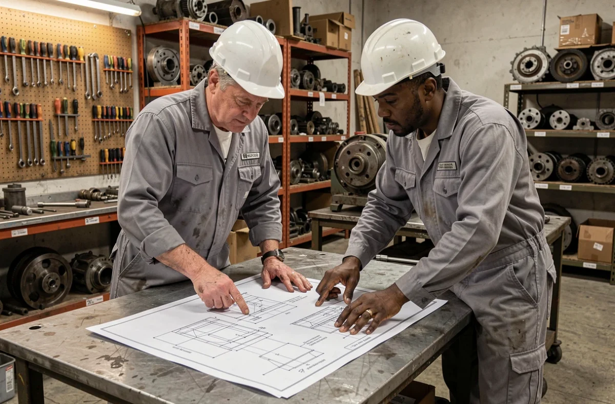 Deux techniciens de maintenance industrielle collaborant sur un schéma technique dans un atelier de réparation d'équipements de production