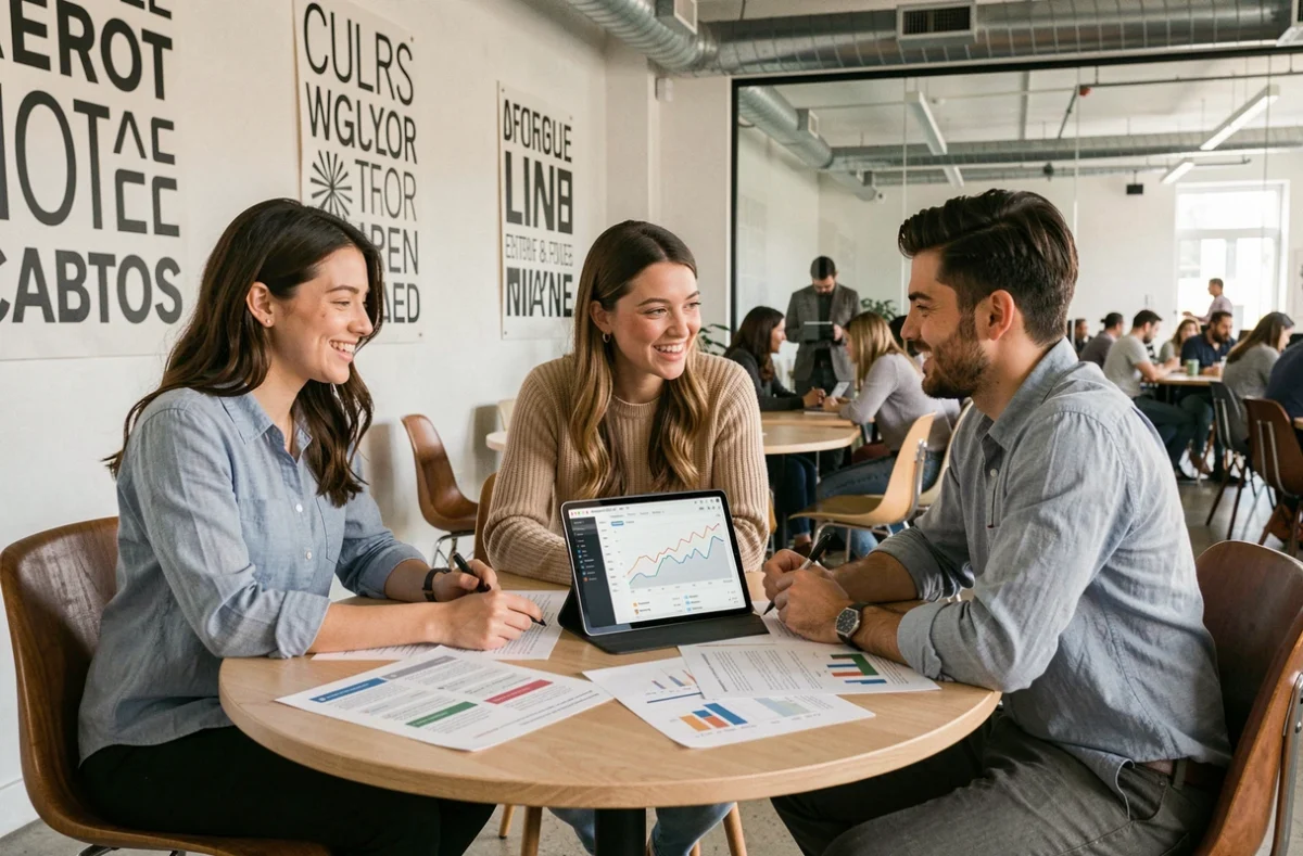 Équipe de professionnels collaborant sur une stratégie de visibilité web dans un espace de co-working