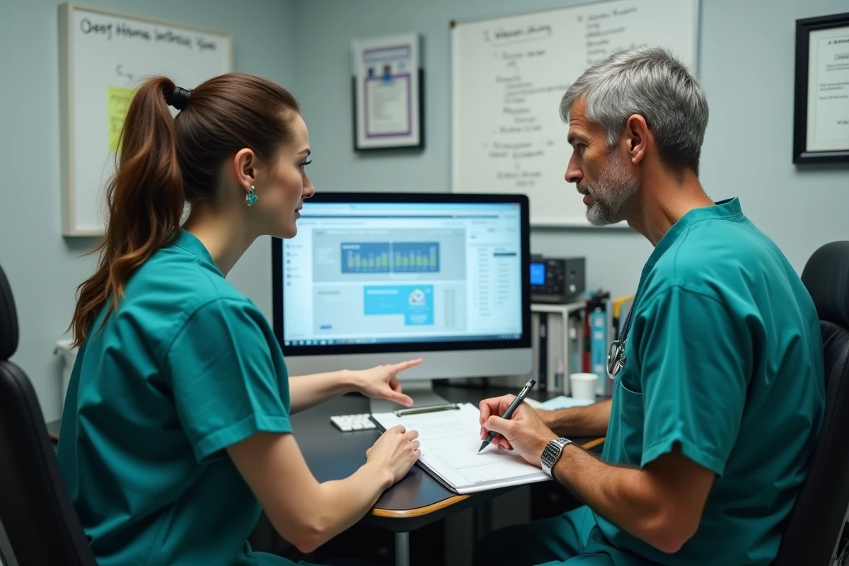 Deux vétérinaires collaborant devant un ordinateur de bureau pour résoudre des problèmes de connexion à GMVET 1