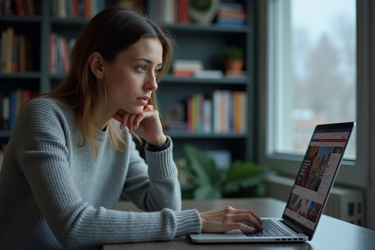 Femme analysant des informations en ligne sur un couple médiatique depuis son bureau à domicile