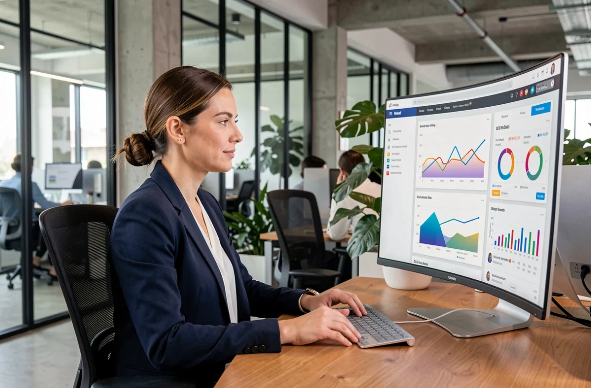 Femme professionnelle analysant des données de visibilité en ligne sur un écran dans un bureau moderne