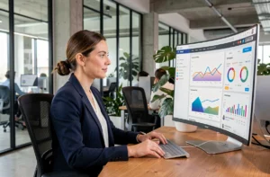 Femme professionnelle analysant des données de visibilité en ligne sur un écran dans un bureau moderne