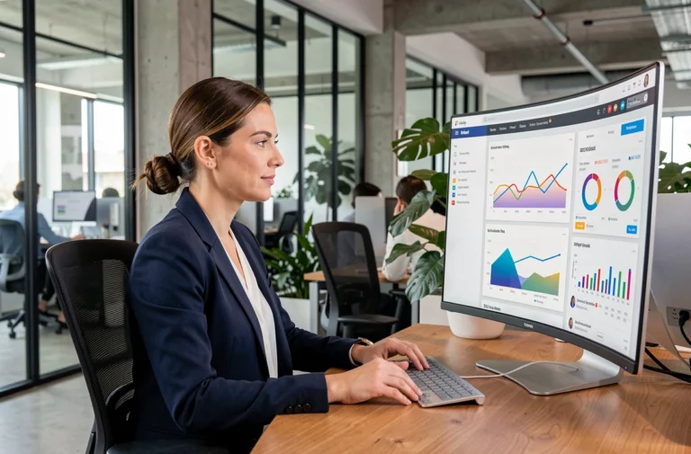 Femme professionnelle analysant des données de visibilité en ligne sur un écran dans un bureau moderne