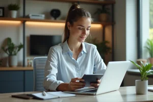 Jeune femme au bureau avec tablette et ordinateur