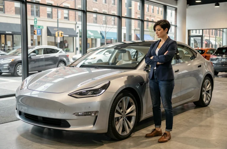 Femme évaluant une voiture électrique dans une concession automobile moderne en 2024