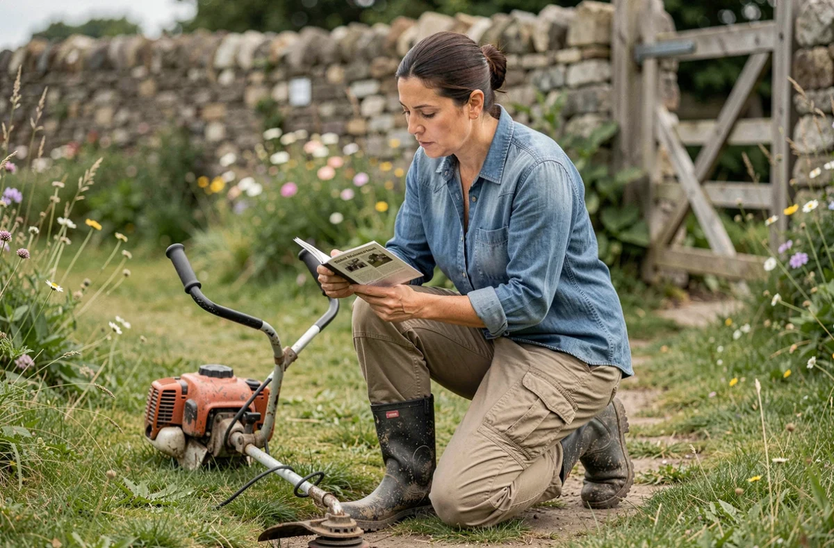 Femme consultant le manuel d'un rotofil thermique à genoux dans un jardin rustique à la campagne