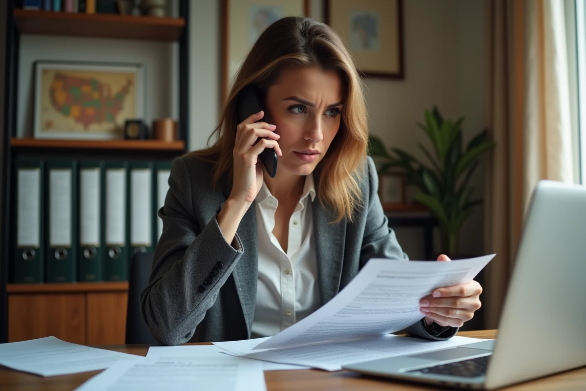 Femme en blazer consultant un document légal dans un bureau à domicile, représentant les démarches juridiques liées à la domiciliation chez un ami