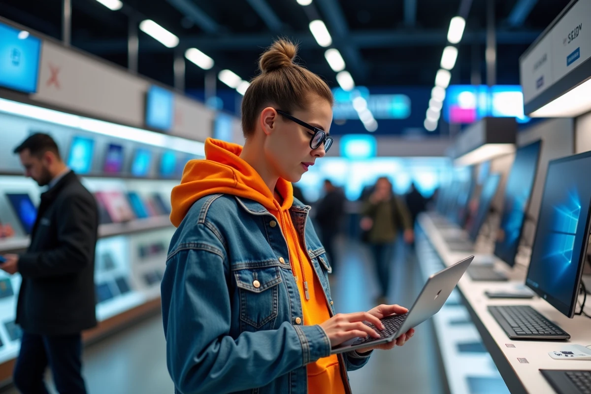 Femme regarde un ordinateur portable dans un magasin hightech