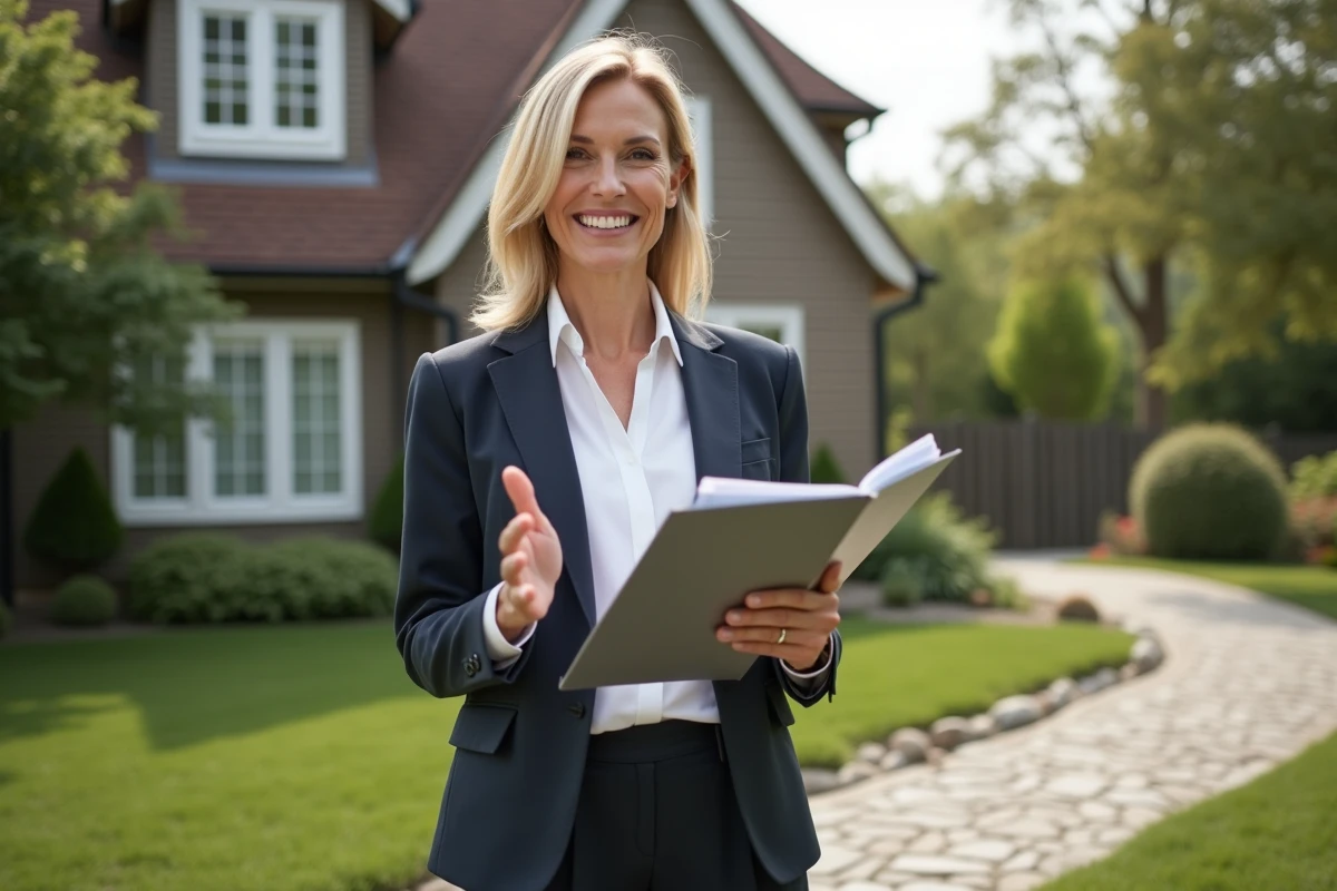 Femme professionnelle devant une maison de banlieue accueillante