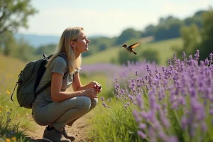 Femme nature observant un sphinx en fleurs dans un champ