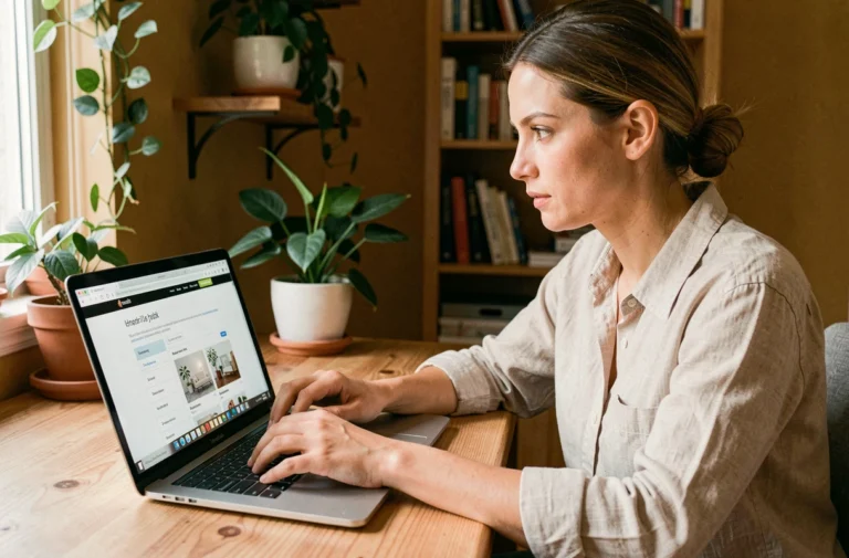Femme naviguant sur le plan du site d'un blog de décoration intérieure depuis un bureau en bois dans un espace de travail cosy