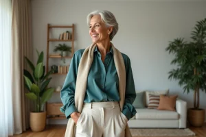 Femme élégante de 60 ans dans un salon moderne
