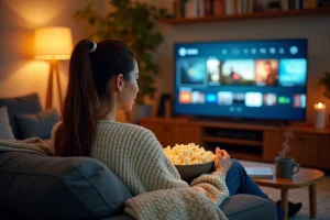 Femme regardant un film en streaming sur sa télévision depuis son canapé confortable dans un salon cosy