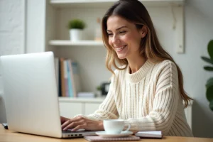 Femme travaillant sur un ordinateur portable dans un bureau à domicile pour gagner de l'argent en ligne