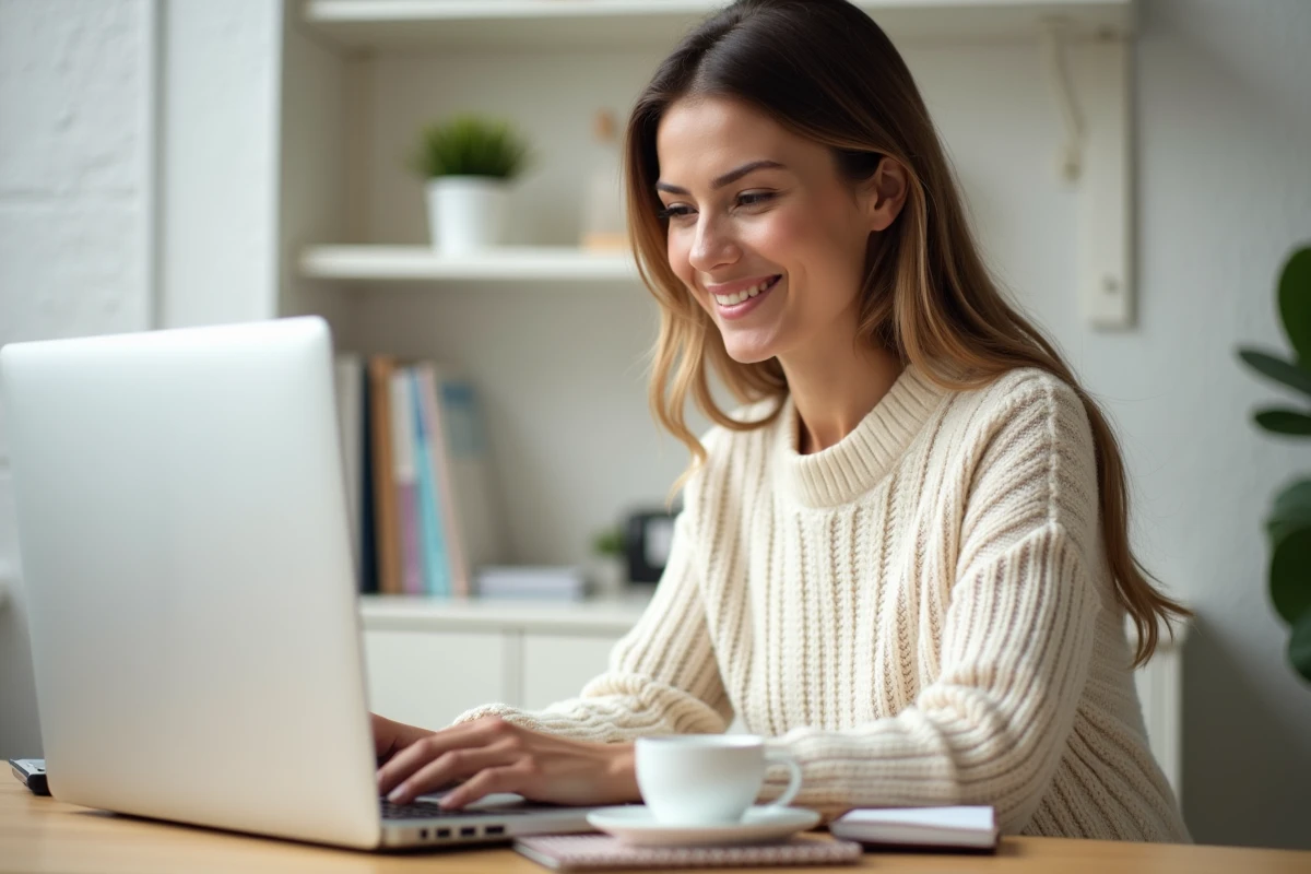 Femme travaillant sur un ordinateur portable dans un bureau à domicile pour gagner de l'argent en ligne