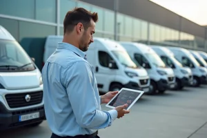 Responsable de flotte consultant un tableau de bord digital de gestion de véhicules sur tablette devant une rangée de camionnettes d'entreprise