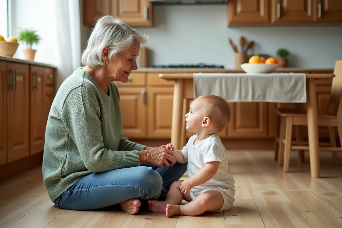 Grand-mère aidant son petit-enfant à s'asseoir sur le sol d'une cuisine familiale chaleureuse, accompagnement du développement moteur du bébé