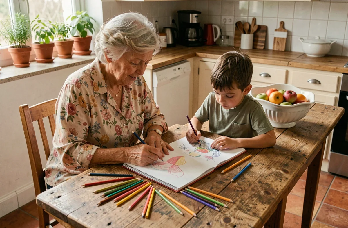 Grand-mère et enfant dessinant ensemble à une table de cuisine en bois, activité créative et lien intergénérationnel