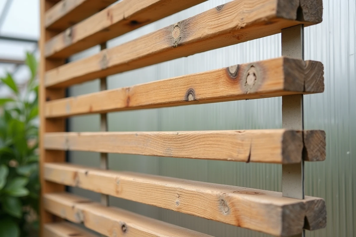 Gros plan sur les lattes horizontales d'une claie en bois vieilli devant une paroi en polycarbonate de serre, montrant les détails du grain et les nœuds du bois